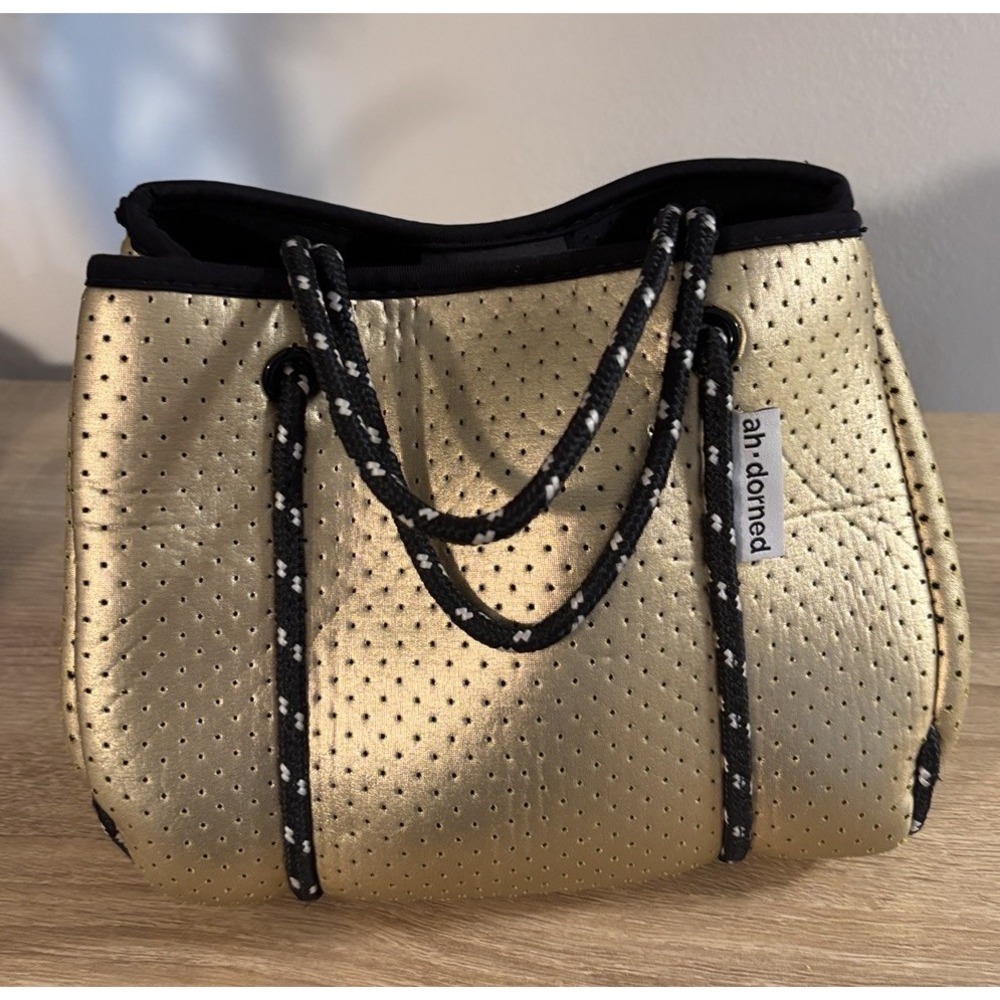 Ah-Dorned Gold Neoprene Mini Tote With Zipper Pouch 9" X 7" X 6"